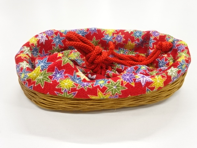 JAPANESE KIMONO / VINTAGE DRAWSTRING BAG  (BAMBOO BASKET TYPE) / CHIRIMEN / MAPLE LEAVES